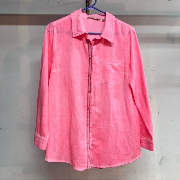 Soft Surroundings Pink LS Button Front Blouse Top Women Linen Cotton Size pm - Picture 1 of 5